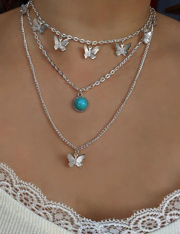Silver Butterfly Layer Turquoise Stone Necklace