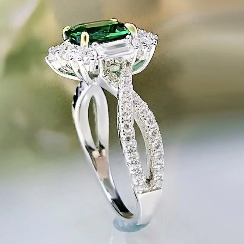 Emerald Colored Rhinestone Princess Cut Ring