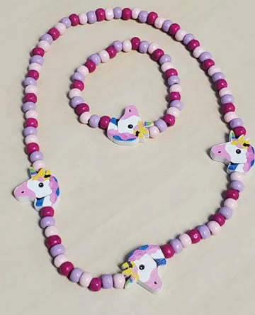 Unicorn Wooden Necklace & Bracelet Set