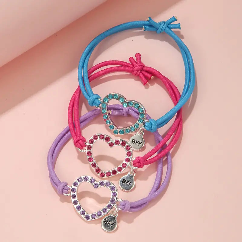 3-Pc Colorful Rhinestone Heart Bracelets