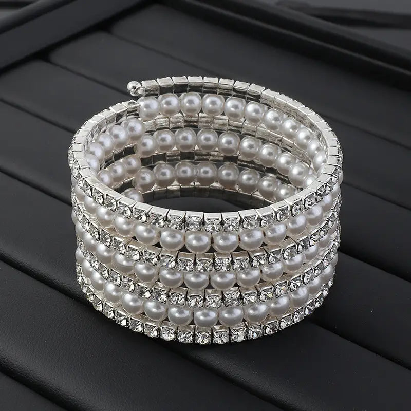 Rhinestone and Pearl Coil Bracelet