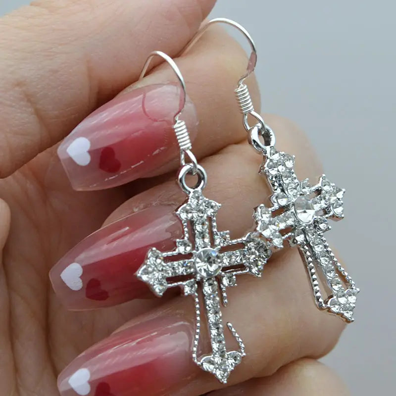 Ornate Rhinestone Cross Earrings