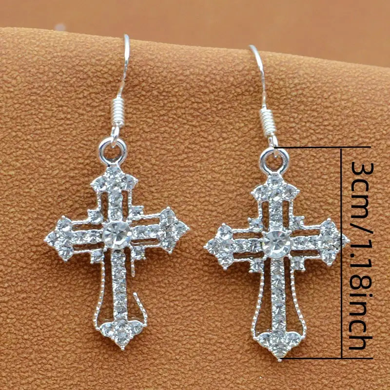 Ornate Rhinestone Cross Earrings