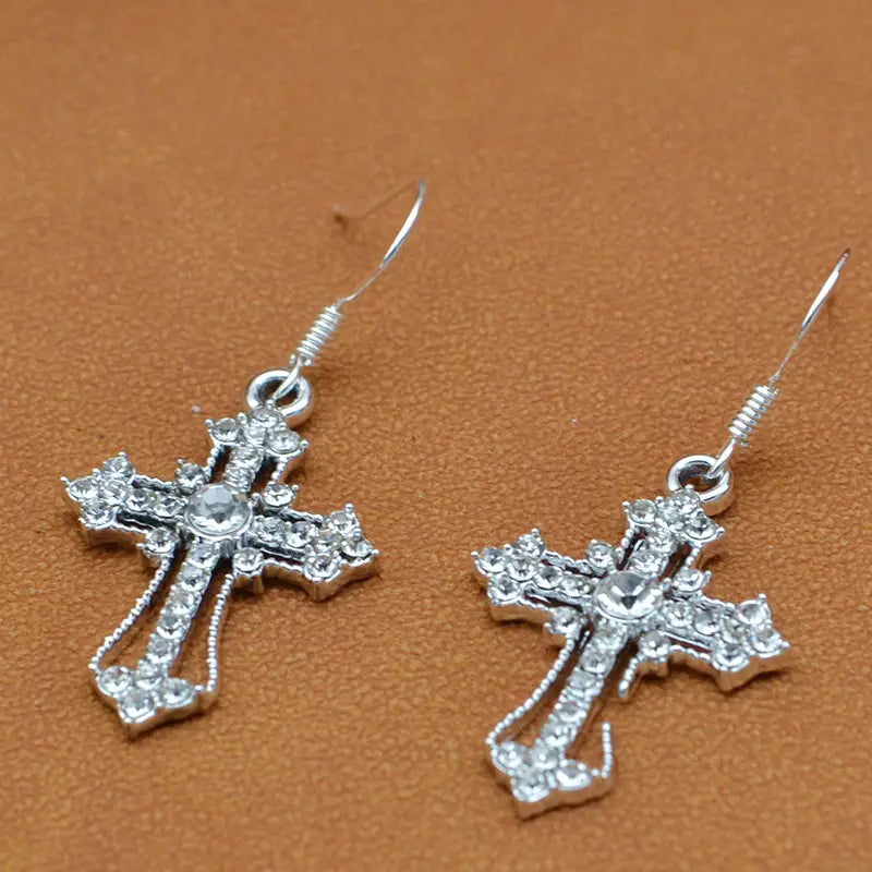 Ornate Rhinestone Cross Earrings