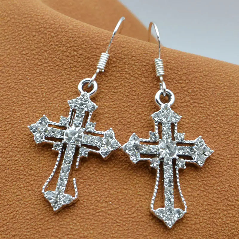 Ornate Rhinestone Cross Earrings