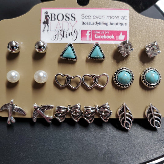 9 Pair Silver Turquoise Studs