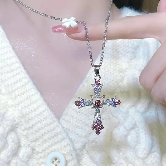 Gothic Cross Pink Rhinestone Necklace