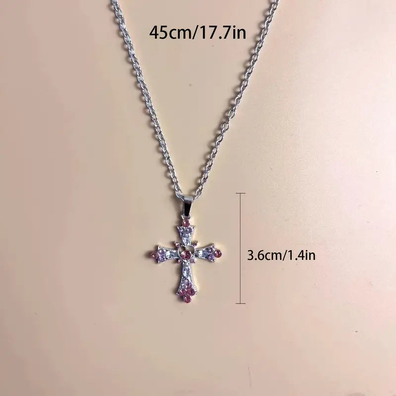 Gothic Cross Pink Rhinestone Necklace