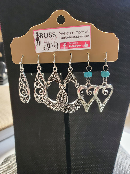 3-Pc Boho Silver Dangle Earrings