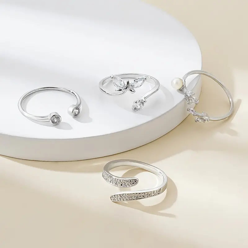 4-Pc Adjustable Silver Ring Set