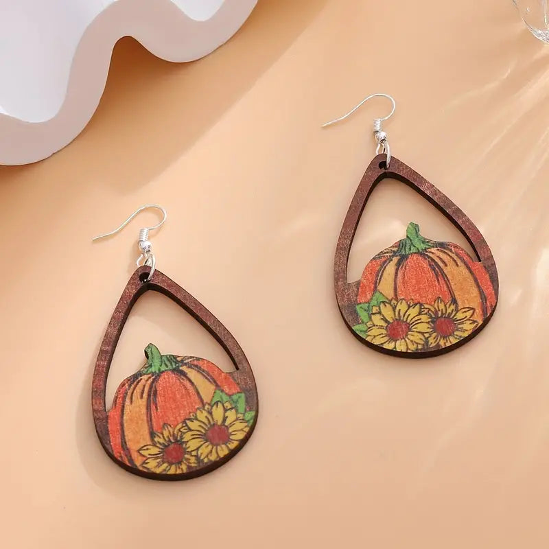 Wooden Teardrop Pumpkin Earrings