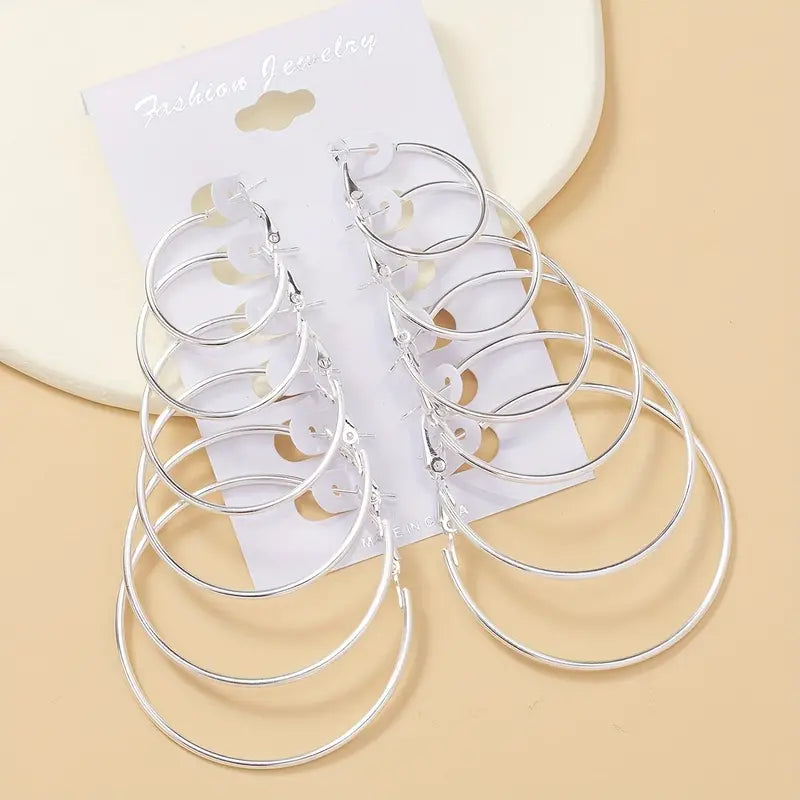 6 Pair Silver Hoop Set