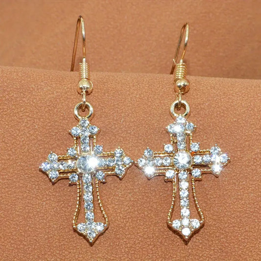 Ornate Rhinestone Cross Earrings