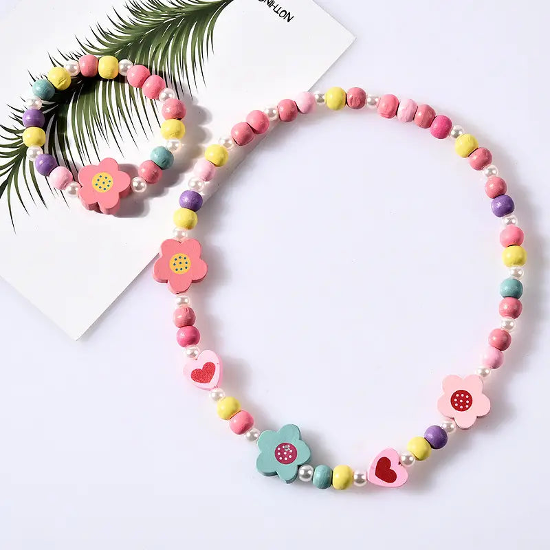 Flower Wooden Bead Necklace Set