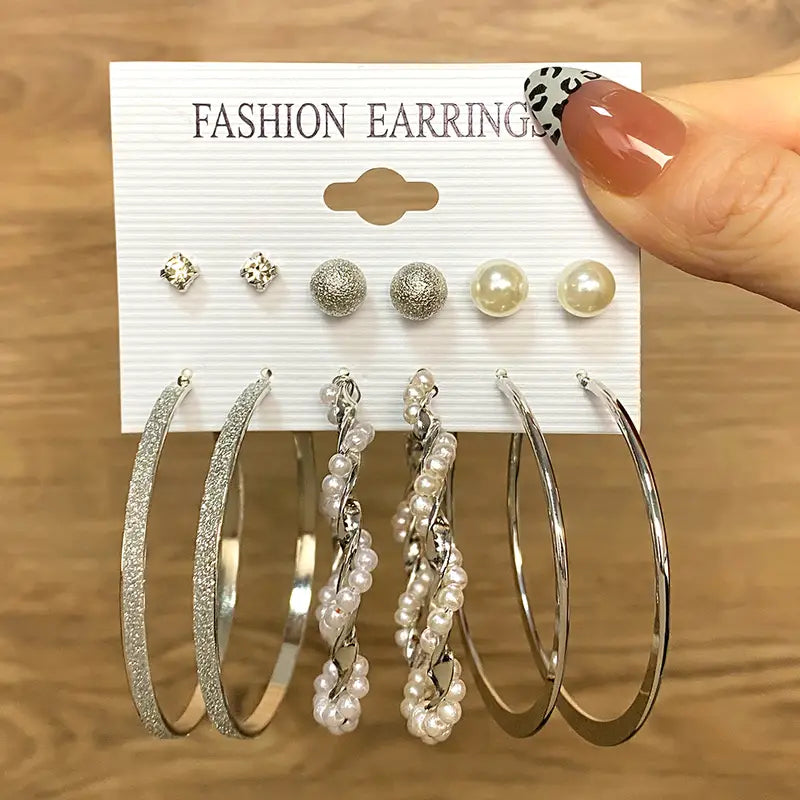 6 Pairs Silver Earrings