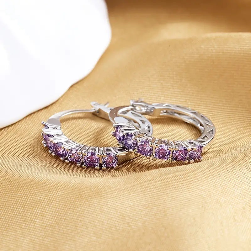 Purple Rhinestone Hoop Earrings