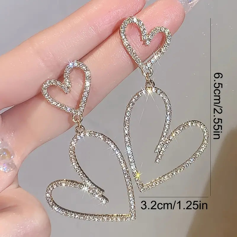 Double Heart Rhinestone Drop Earrings