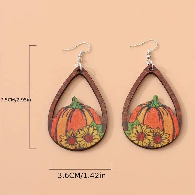 Wooden Teardrop Pumpkin Earrings