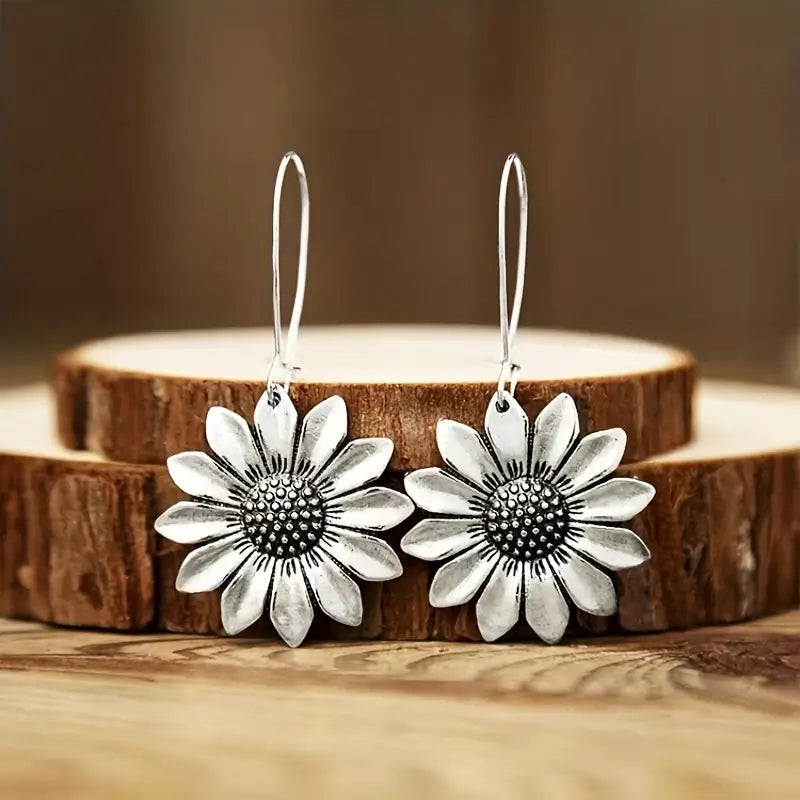 Silver Sunflower Dangle Earrings