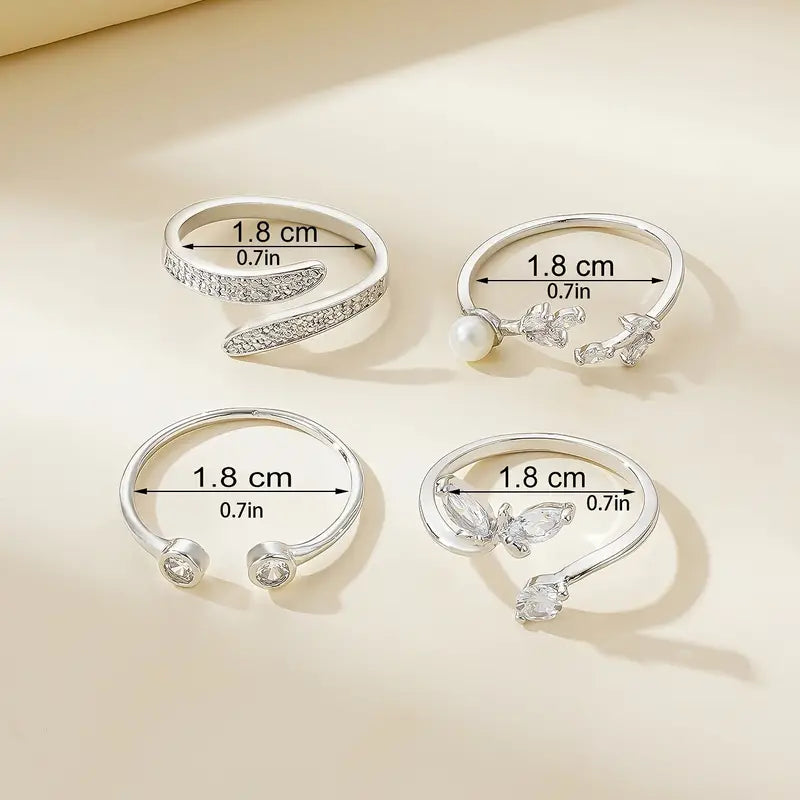 4-Pc Adjustable Silver Ring Set