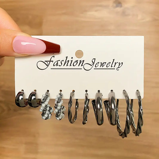 5 Pair Gunmetal Hoop Earrings Set