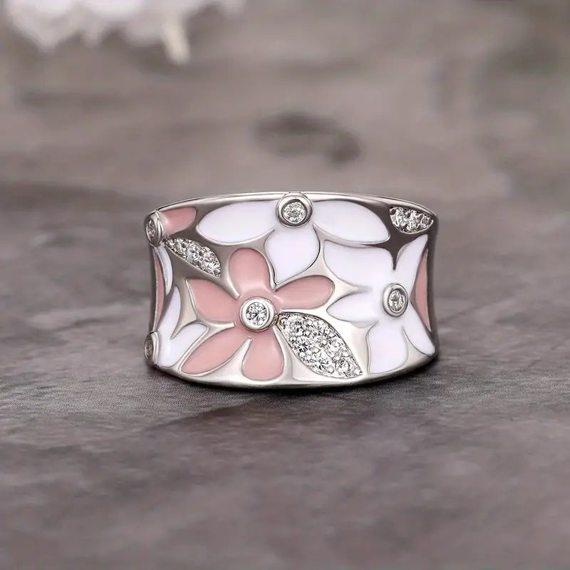 Pink and White Enamel Ring