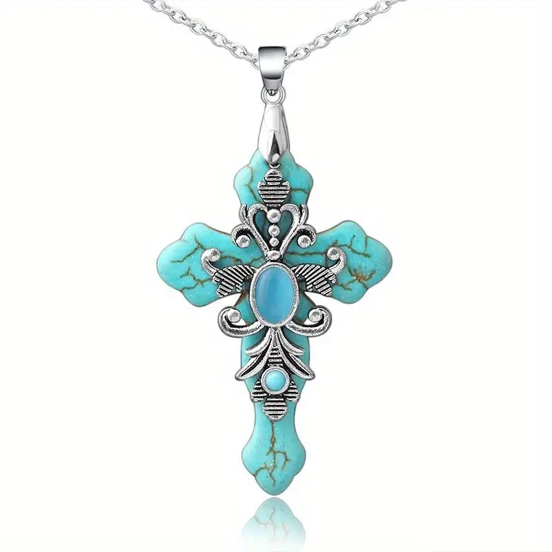 Turquoise Moonstone Cross Necklace