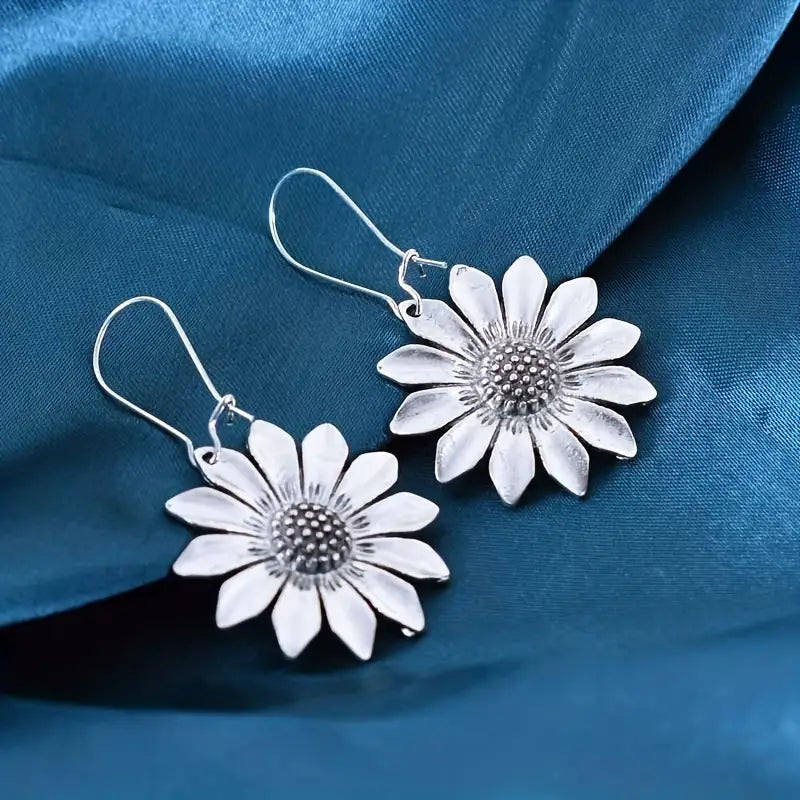 Silver Sunflower Dangle Earrings