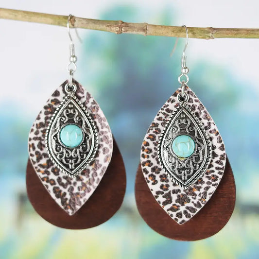 Wood Leather Turquoise Layer Earrings