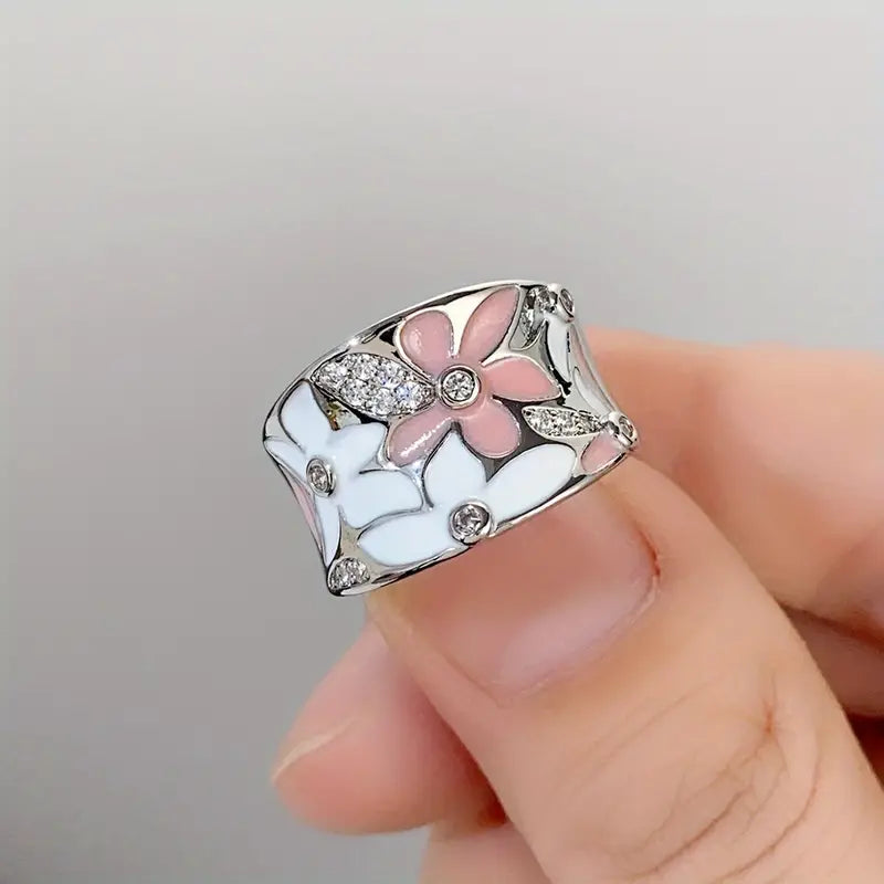 Pink and White Enamel Ring