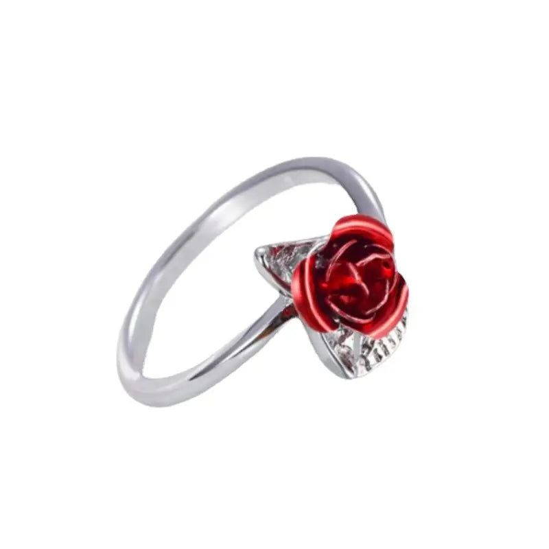 Red Rose Silver Ring