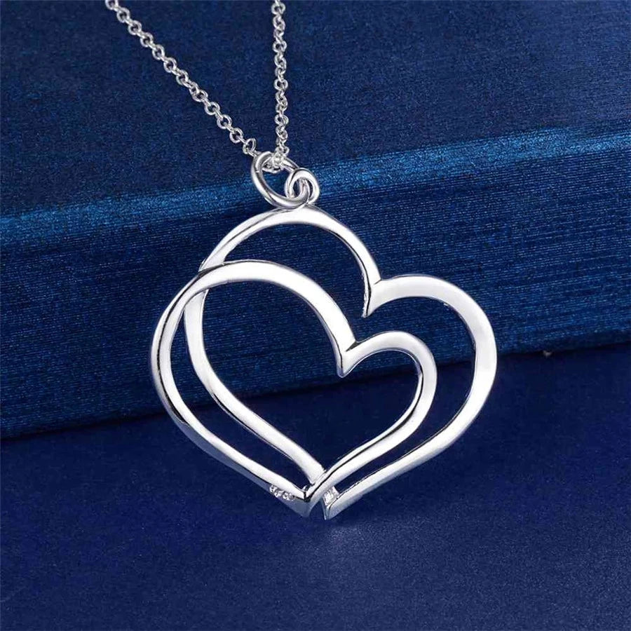 925 Sterling Silver Double Heart Necklace Set