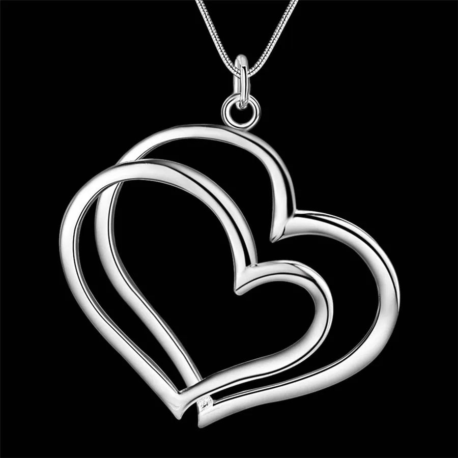 925 Sterling Silver Double Heart Necklace Set