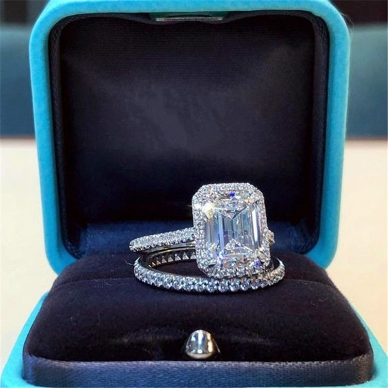 2 Pc Emerald Cut CZ Ring Set