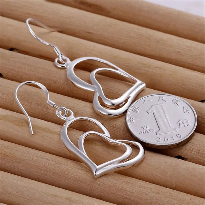 925 Sterling Silver Double Heart Necklace Set