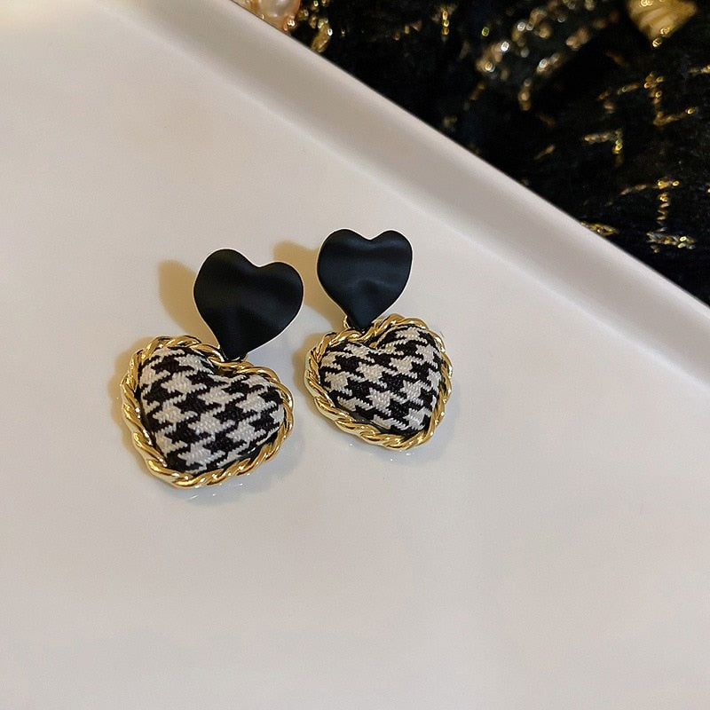 Houndstooth Puff Heart Earrings