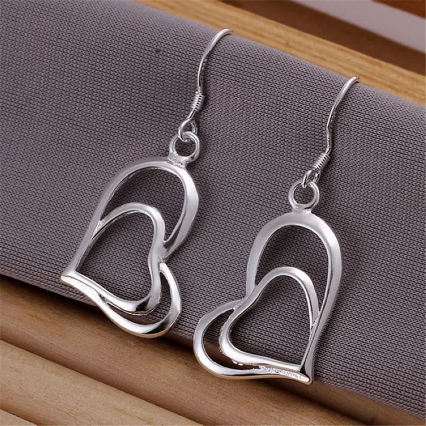 925 Sterling Silver Double Heart Necklace Set