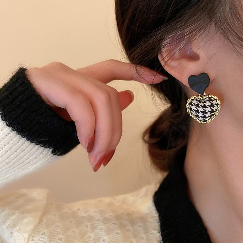 Houndstooth Puff Heart Earrings