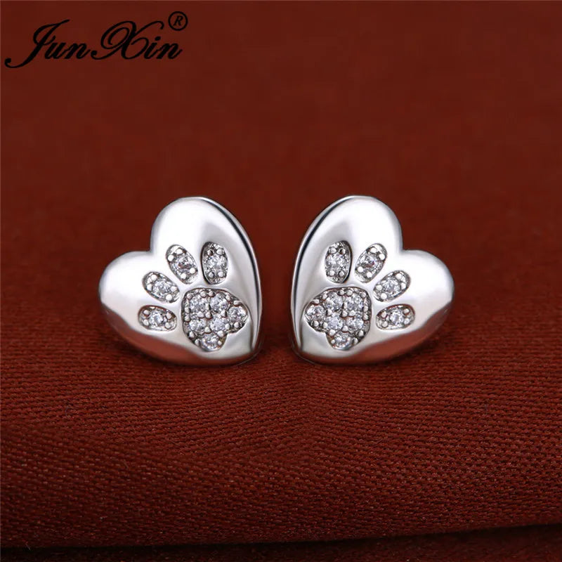 Paw Print Heart CZ Earrings