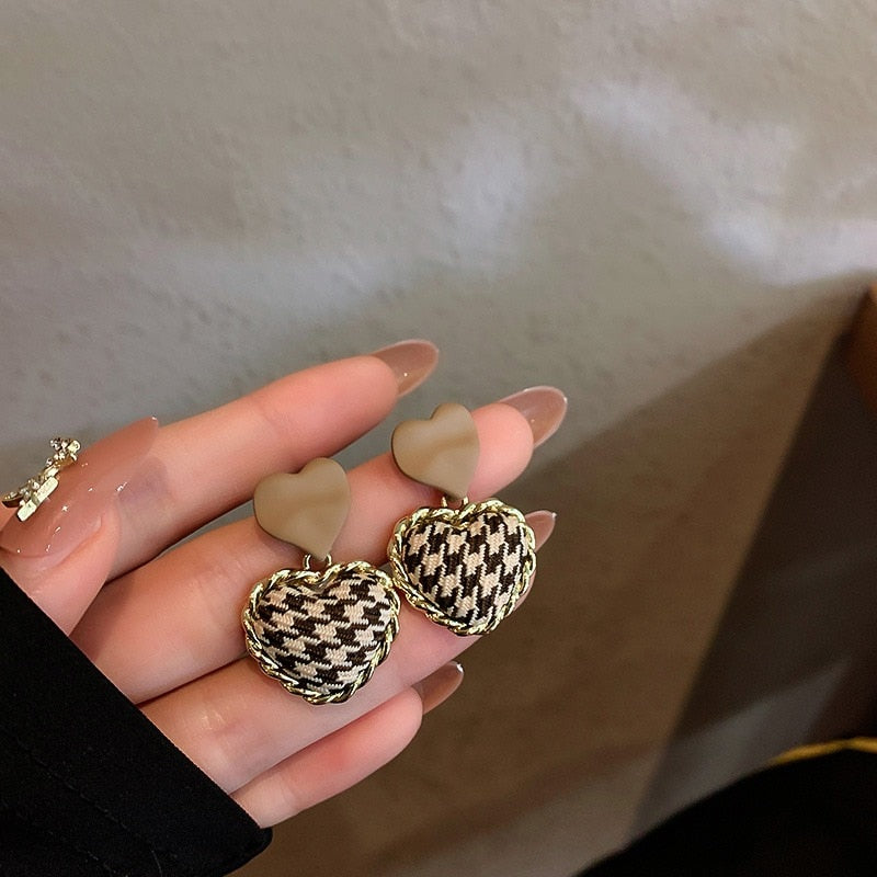 Houndstooth Puff Heart Earrings