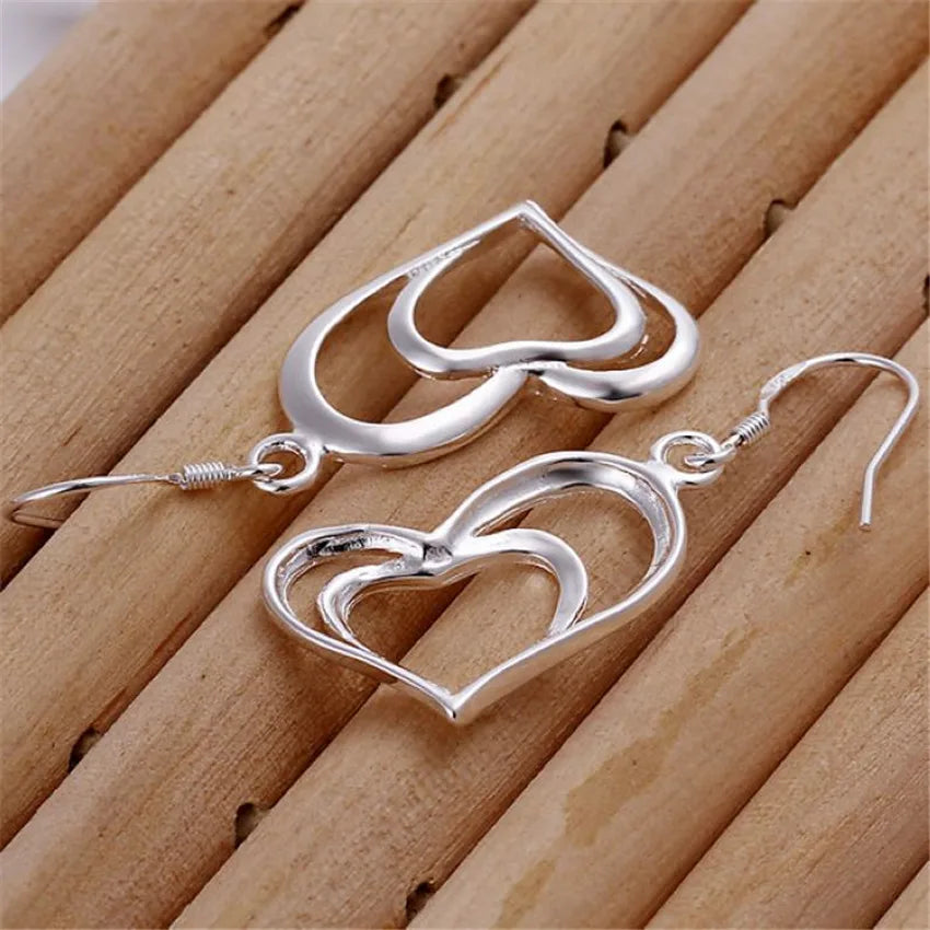 925 Sterling Silver Double Heart Necklace Set