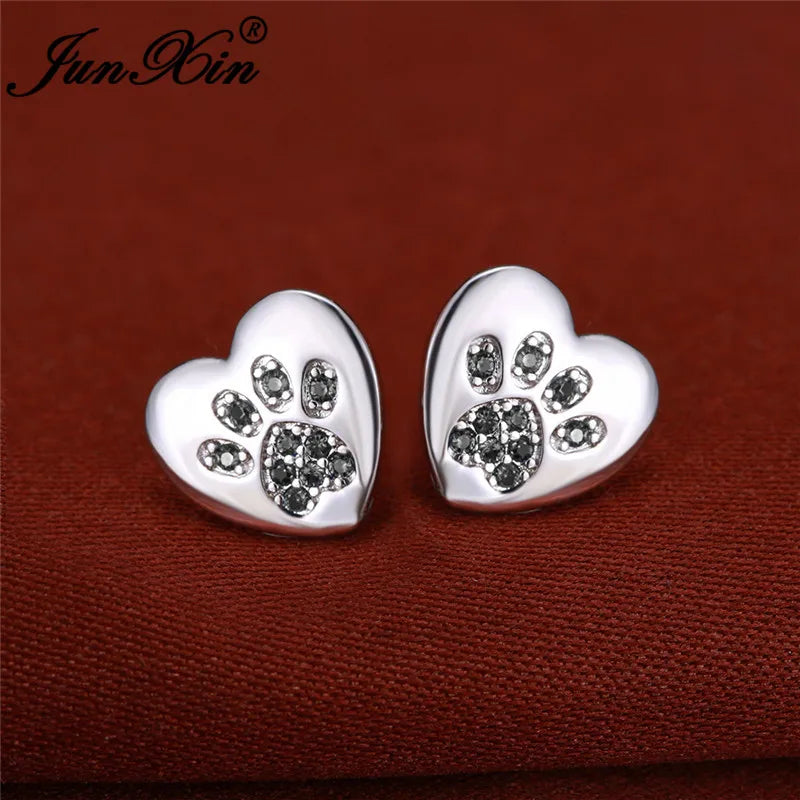 Paw Print Heart CZ Earrings