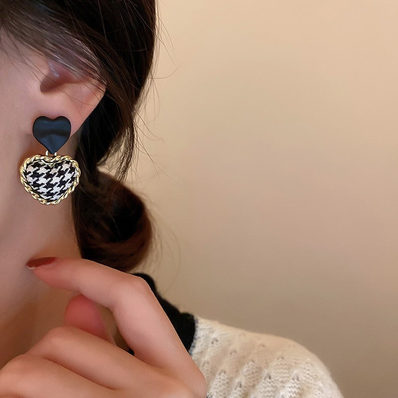 Houndstooth Puff Heart Earrings