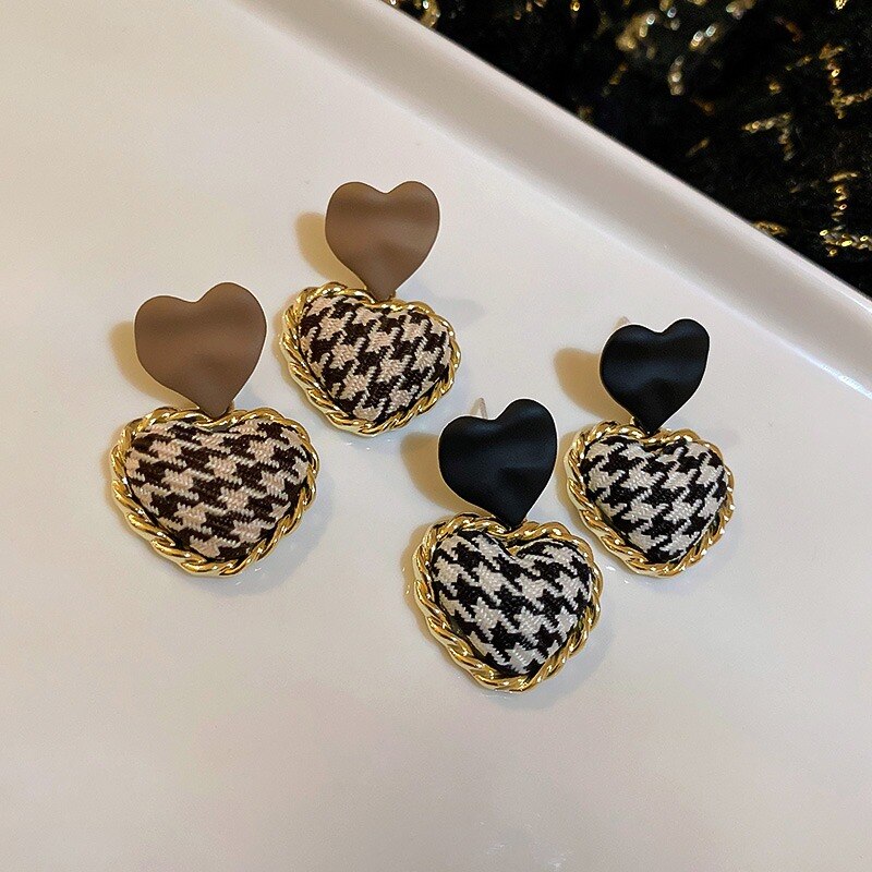 Houndstooth Puff Heart Earrings