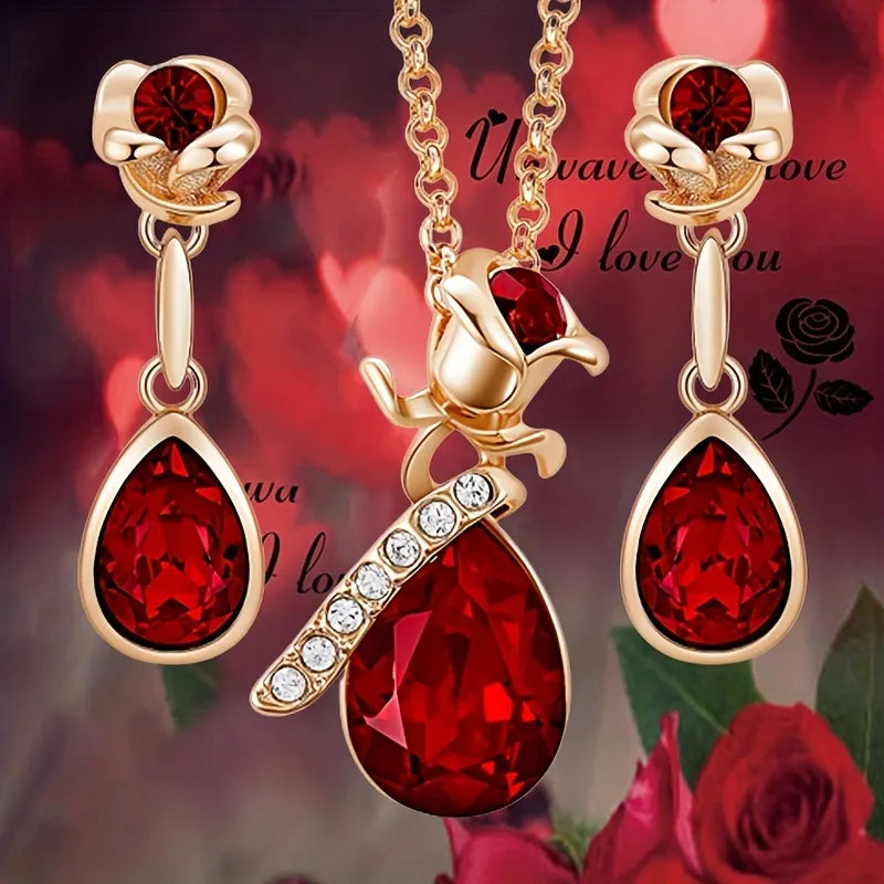 Ruby Rose and Droplet Necklace Earrings Set