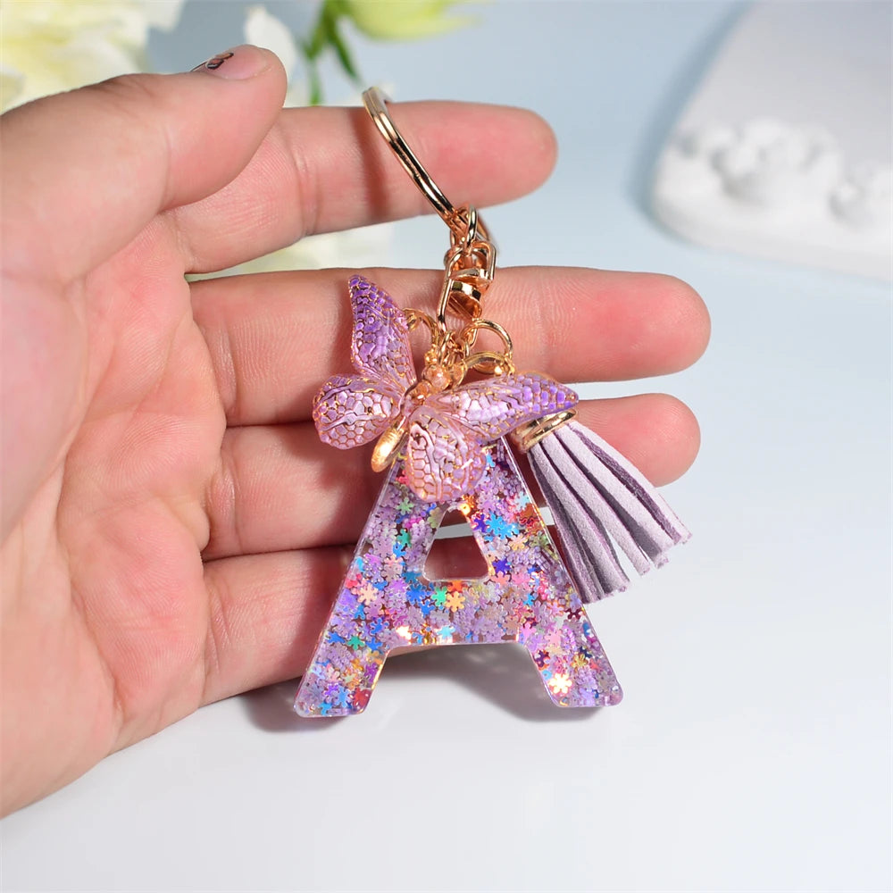 Purple Butterfly Initial Keychain