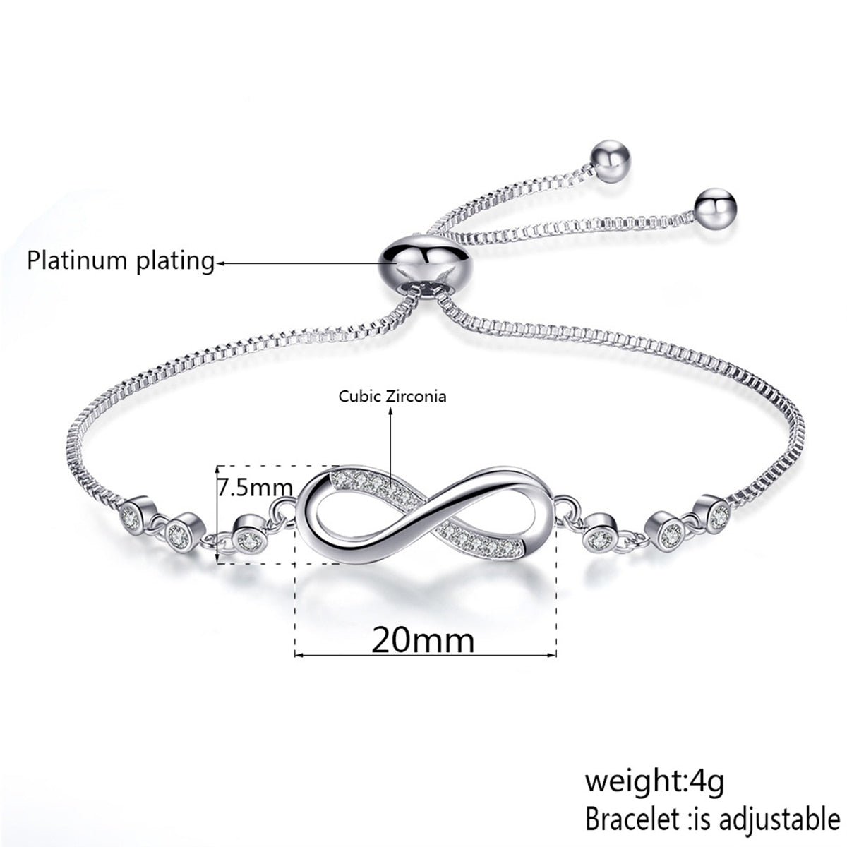 Womens 8 Shape Link Bracelet Adjustable Steel CZ Rhinestone Infinity Charm Anklet Bangle for her Valentines Mother Day Gift