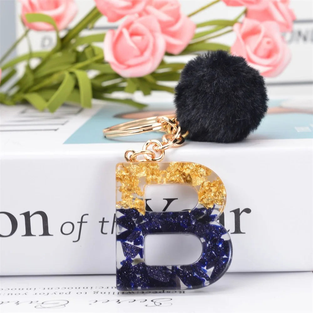 Black Pompom Letter Keychain