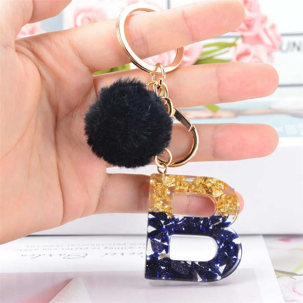 Black Pompom Letter Keychain