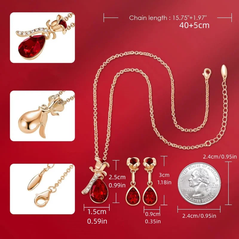 Ruby Rose and Droplet Necklace Earrings Set